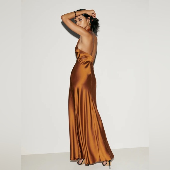 NWT NEW Reformation Daniela Silk Maxi Deep V Dress - Copper Burnt Orange Brown - Picture 5 of 16